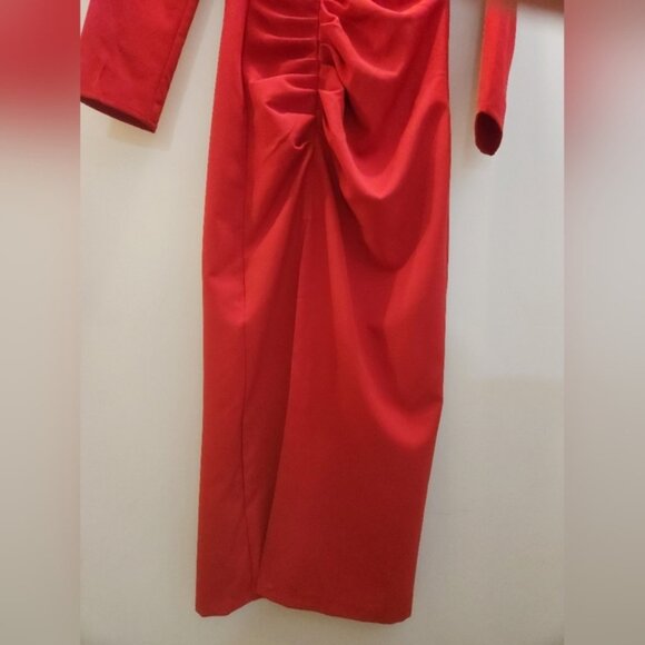 Zara XS Red Midi Dress, Round Neck, Long sleeve, Slit ans Drape in Front, Zip-up - Picture 16 of 16